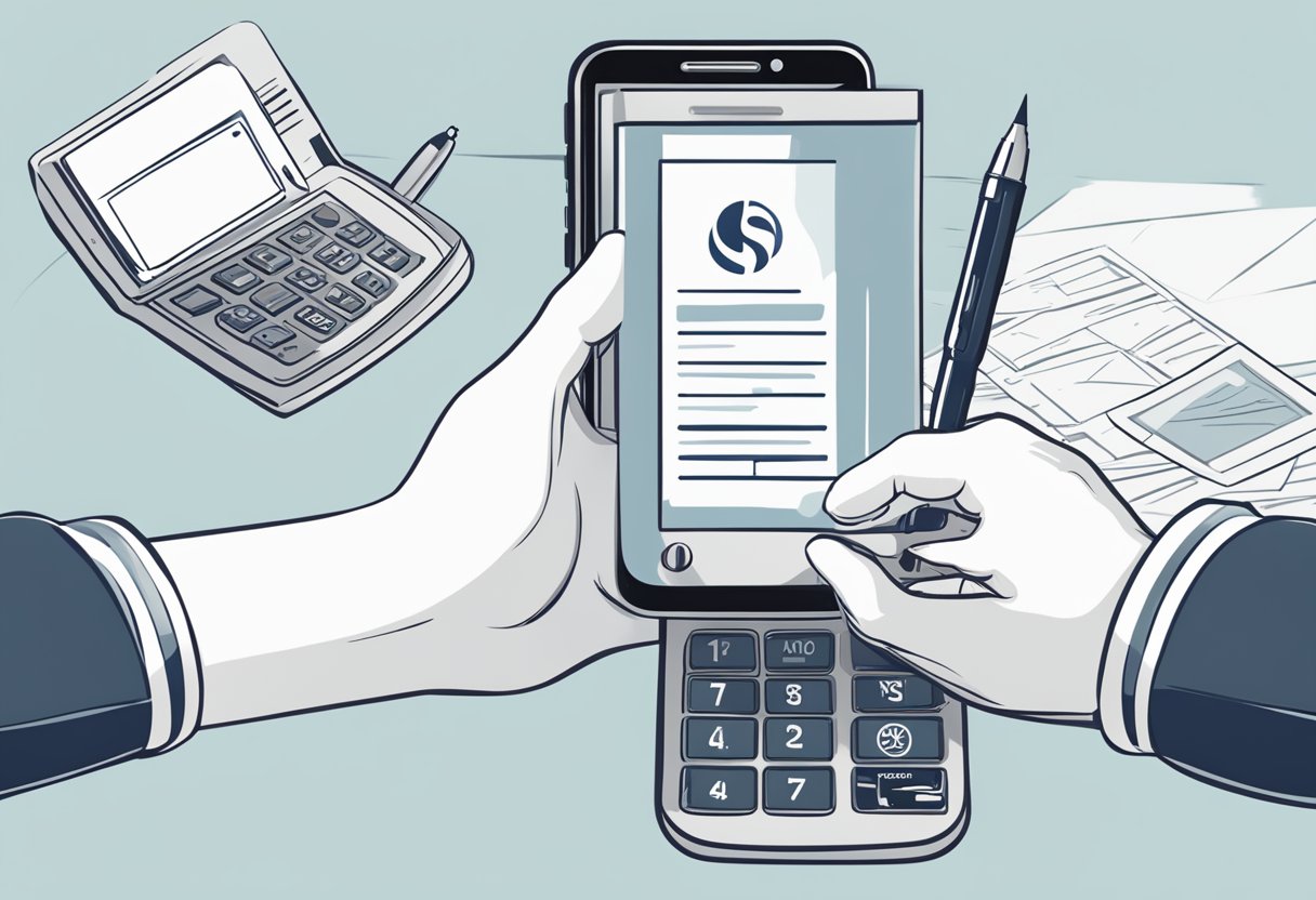 A hand reaches out to a phone with the Singapore Post logo displayed on the screen, while the other hand holds a pen ready to jot down contact information