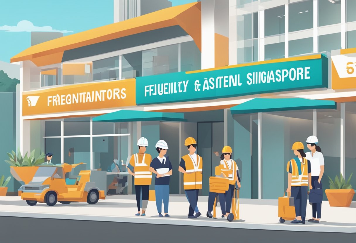 A group of people standing in front of a large sign that reads "Frequently Asked Questions contractor Singapore." The sign is bold and colorful, with clear and easy-to-read text