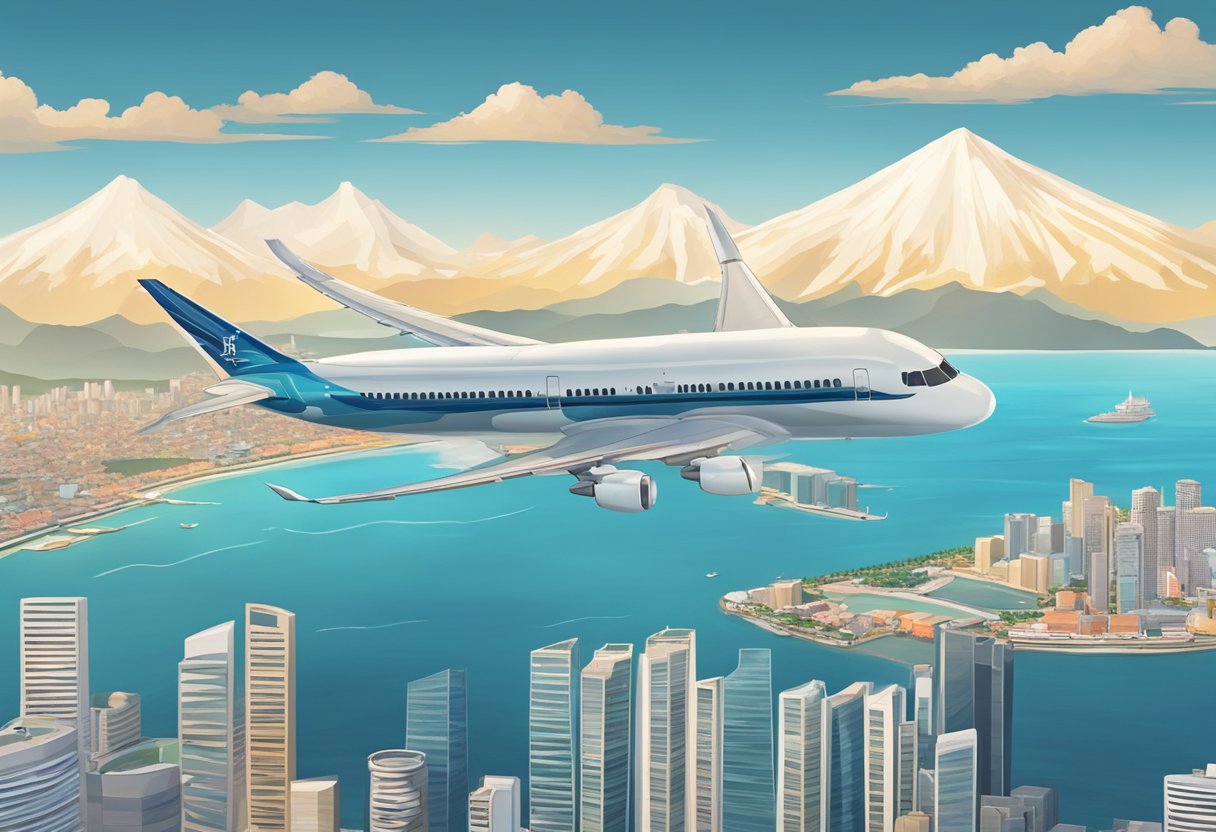 A plane flies over the ocean from Singapore to Nagoya. City skylines and mountains are visible below