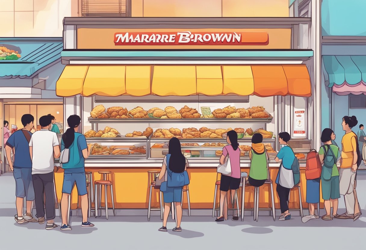 A bustling Marrybrown Singapore outlet, with colorful signage and a line of customers eagerly waiting to order fried chicken and other fast food delights