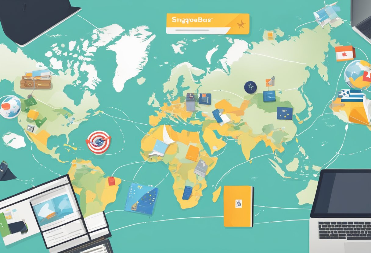 A world map with a line connecting Singapore and Barcelona, surrounded by travel guides, passports, and a laptop with a flight booking website open