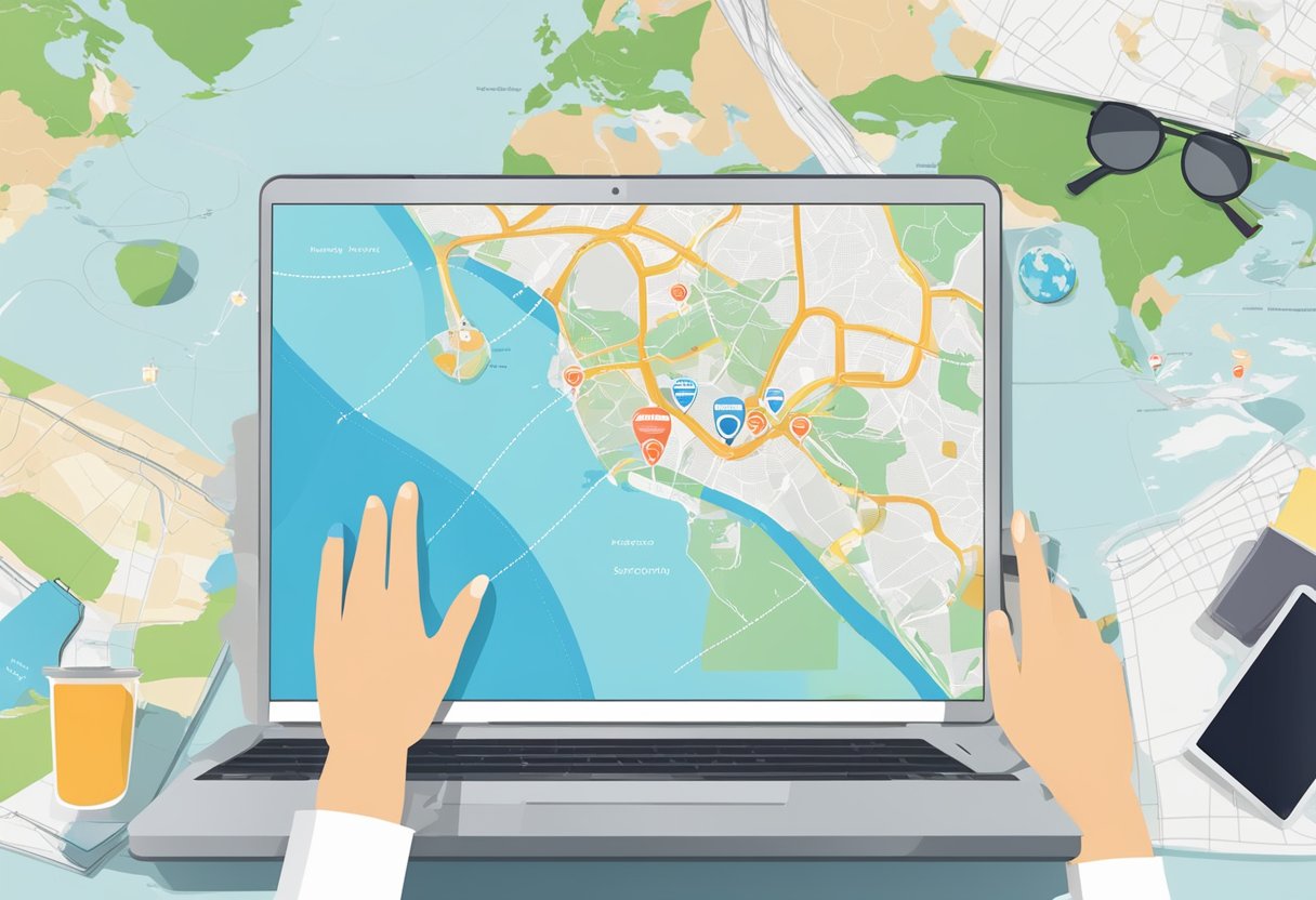 A traveler's hand holding a map with Singapore and Nagoya highlighted, surrounded by travel guides and a laptop with flight options