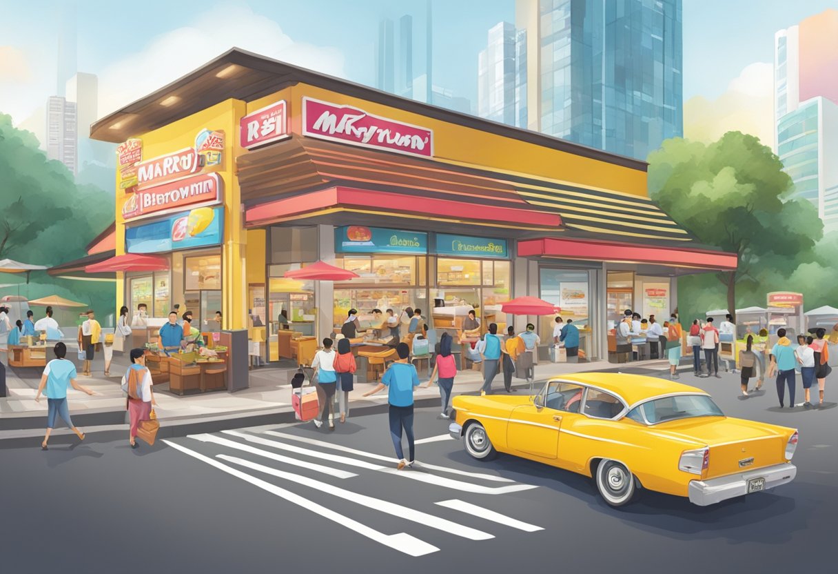 A bustling Marrybrown restaurant in Singapore, with colorful signage and a busy drive-thru