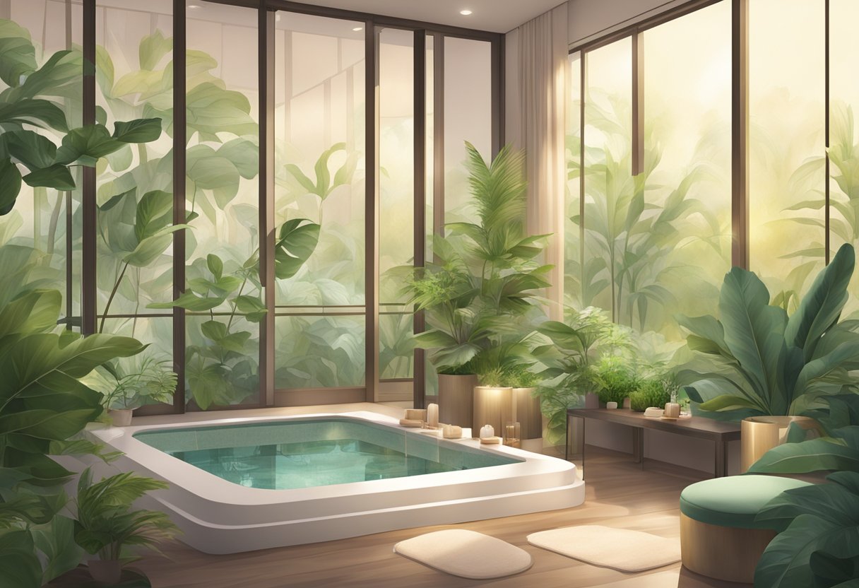 A serene spa room with soft lighting, lush green plants, and soothing music at Donna Beauty Singapore