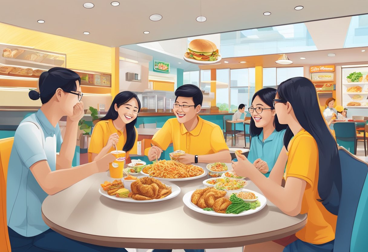 Customers enjoying delicious meals at Marrybrown Singapore, with friendly staff providing excellent service