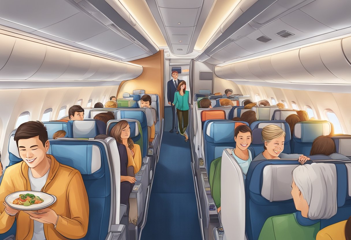Passengers enjoying inflight entertainment, meals, and comfortable seating during the long-haul flight from Singapore to Barcelona