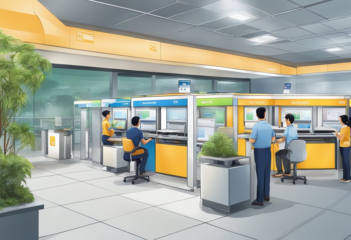 A customer approaches a Singapore Post contact center, with various services and facilities displayed, including postal and courier services, payment kiosks, and customer service desks