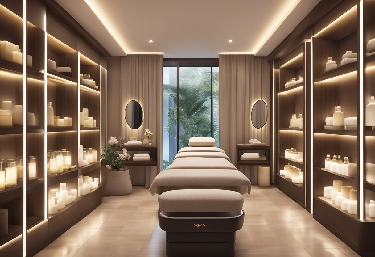 A serene spa room with soft lighting, plush treatment beds, and shelves lined with luxurious skincare products at Donna Beauty Singapore