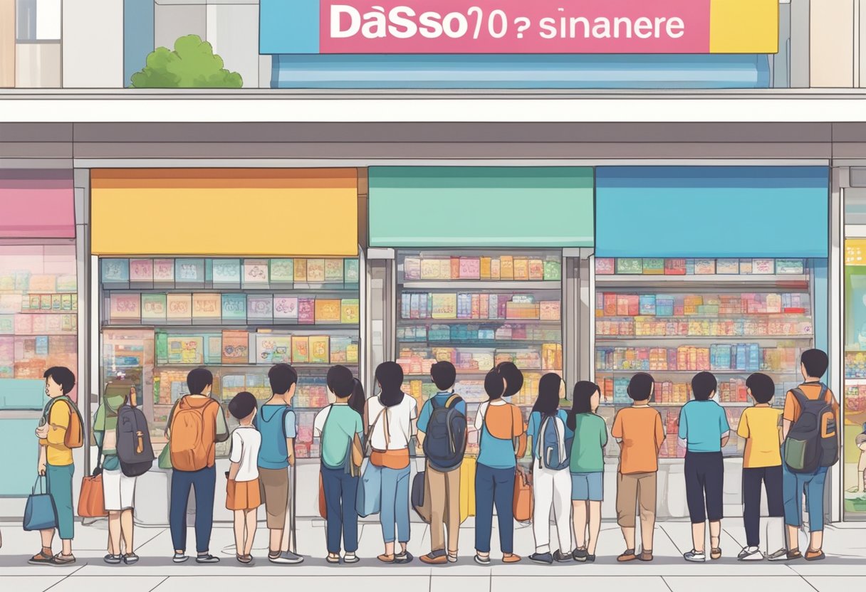 A line of customers waits outside Daiso Singapore outlets, eagerly anticipating entry. The storefront displays colorful merchandise and a prominent "Frequently Asked Questions" sign