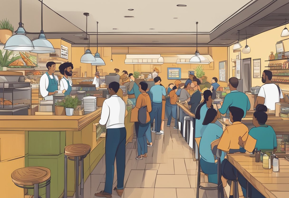 A busy restaurant with a prominent "Frequently Asked Questions" sign at the entrance, customers lining up at the counter, and staff bustling around serving food