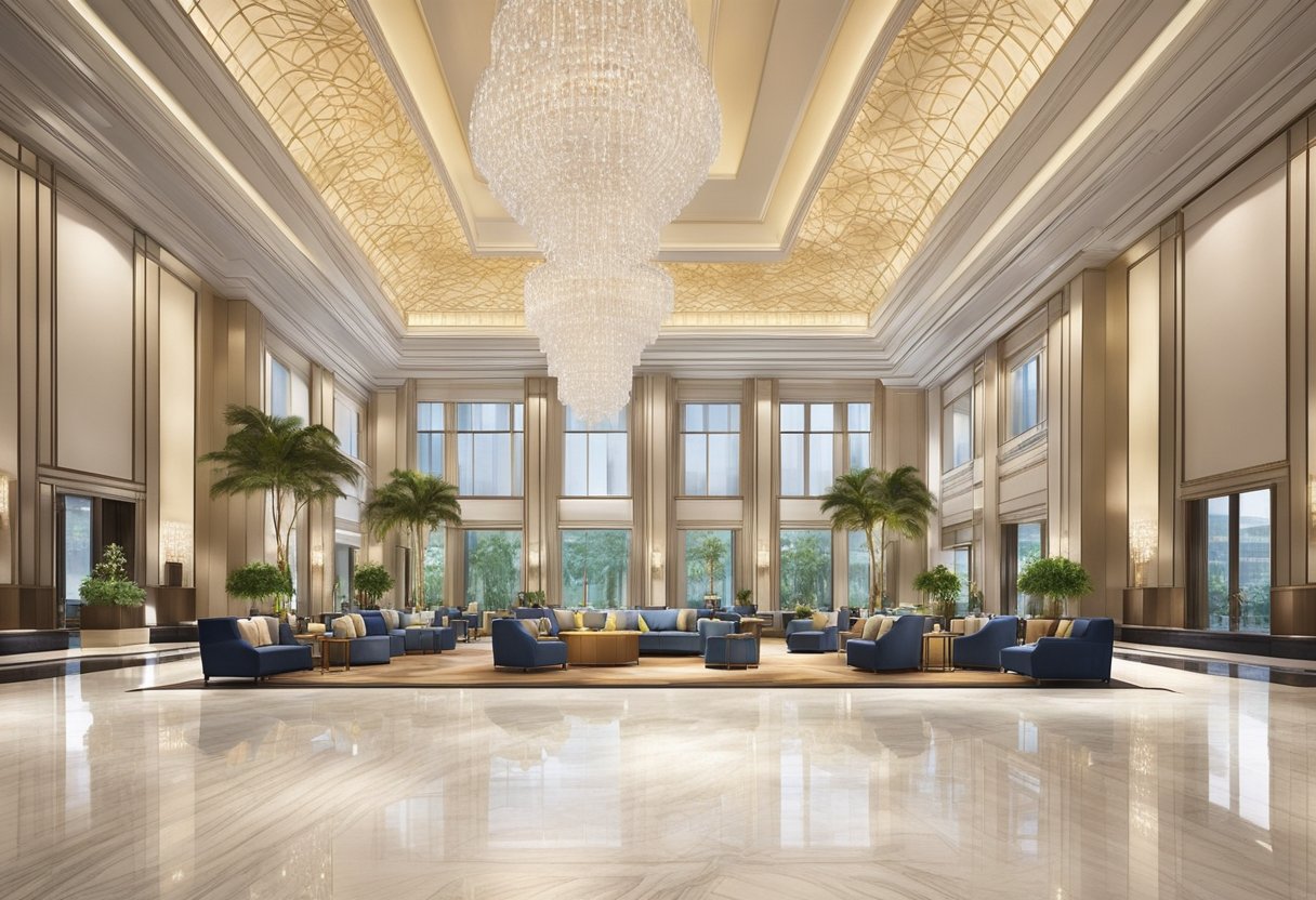 The grand lobby of JW Marriott Singapore, with its soaring ceilings and elegant chandeliers, exudes a sense of luxury and sophistication. Rich marble floors and plush seating create an inviting atmosphere for guests
