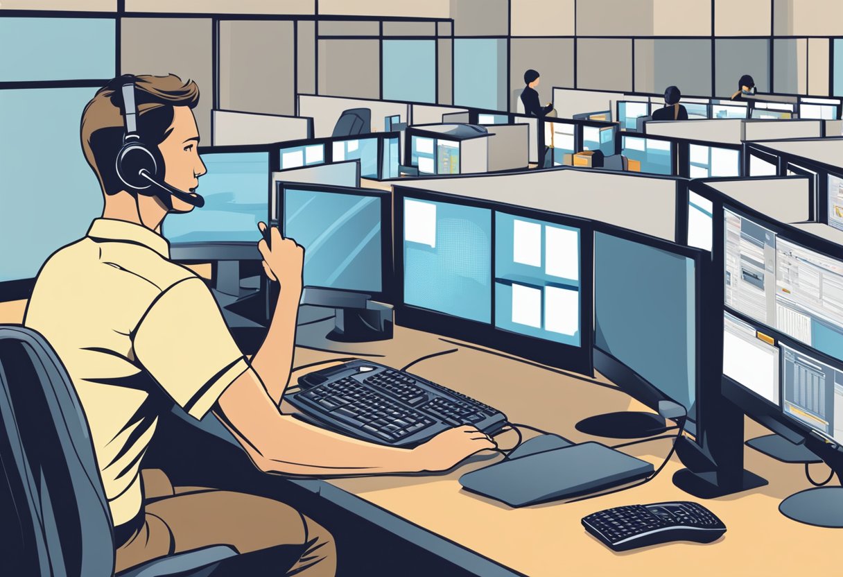 A customer service representative answers phone calls at a desk surrounded by computer monitors and a wall displaying the company logo