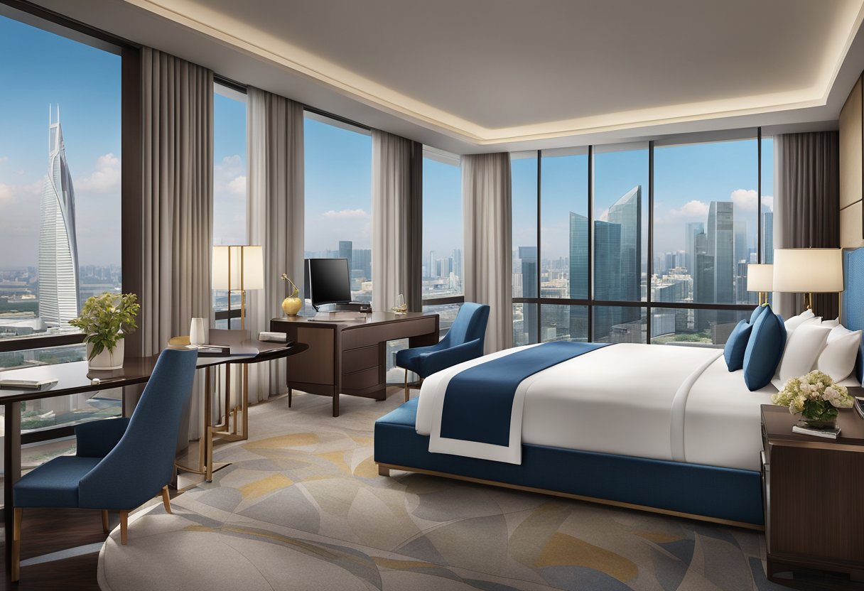 The luxurious JW Marriott Singapore accommodations feature modern furnishings and elegant amenities, including a spacious bed, a sleek work desk, and a stunning view of the city skyline