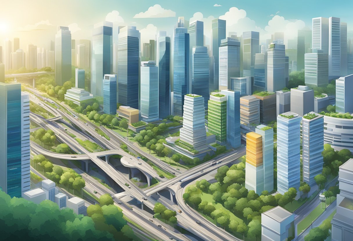 IDP Singapore: A bustling cityscape with modern skyscrapers, lush greenery, and a network of bustling streets and transportation systems