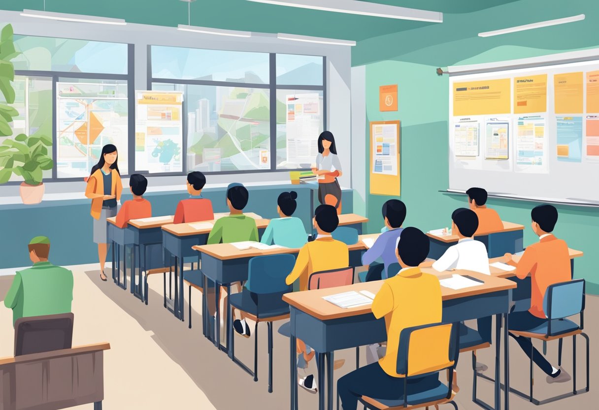 The scene depicts a classroom in Singapore with IDP and IELTS posters on the wall, students sitting at desks, and a teacher at the front of the room
