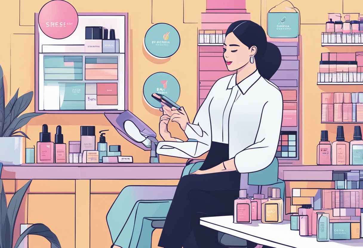 A stack of FAQ cards with "donna beauty singapore" logo, surrounded by beauty products and a customer service representative