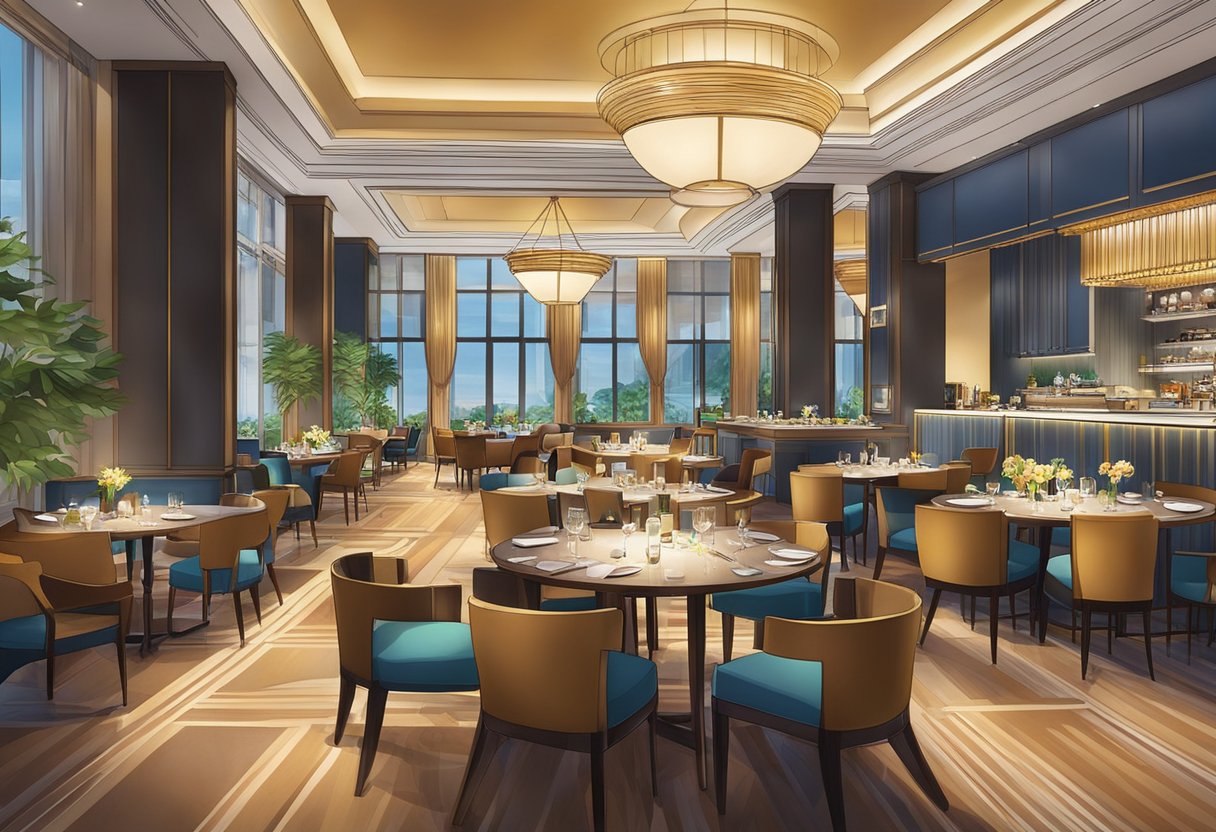 A vibrant dining and entertainment area at JW Marriott Singapore, with elegant tables, lively music, and a bustling atmosphere