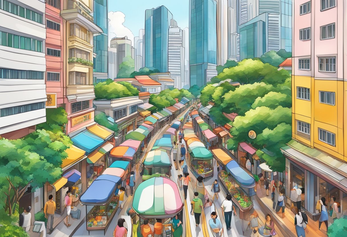 A bustling street in Singapore, with colorful shophouses, vibrant signs, and bustling markets, surrounded by lush greenery and modern skyscrapers