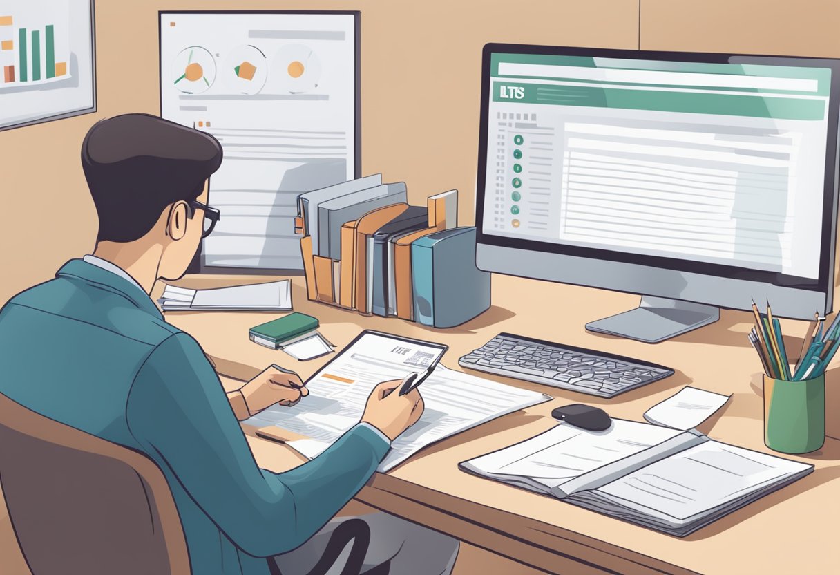 A person filling out an IELTS application form at a desk, with a computer and test materials nearby