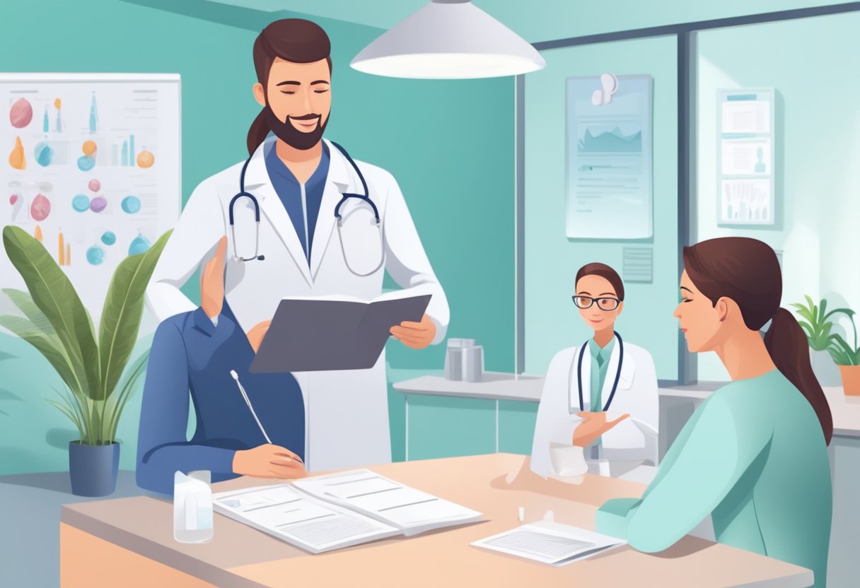 A woman sits in a modern clinic, discussing options with a doctor. A brochure on egg freezing sits on the table