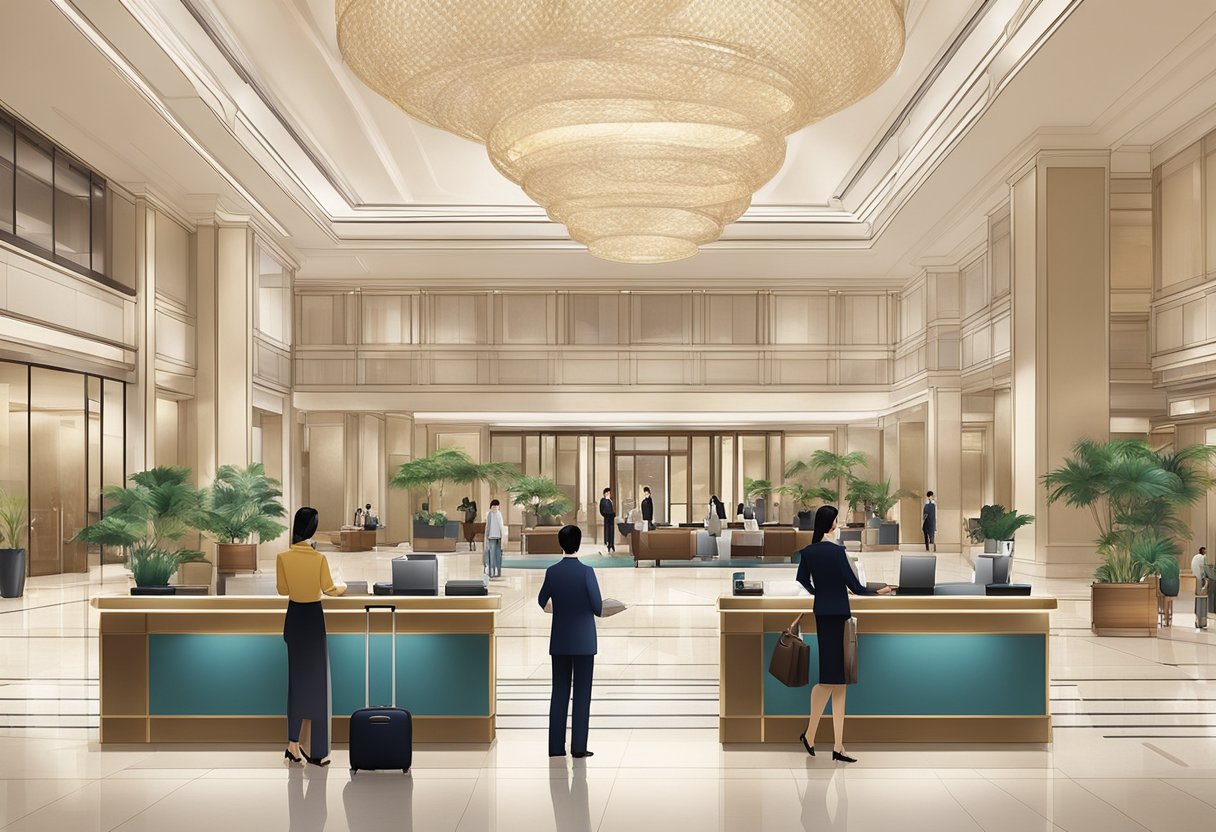 The lobby of JW Marriott Singapore, with guests checking in at the front desk and staff assisting with luggage. The elegant decor and modern architecture create a luxurious atmosphere