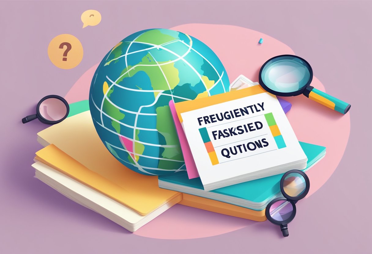A stack of colorful question cards with "Frequently Asked Questions" written on them, surrounded by a globe and a magnifying glass