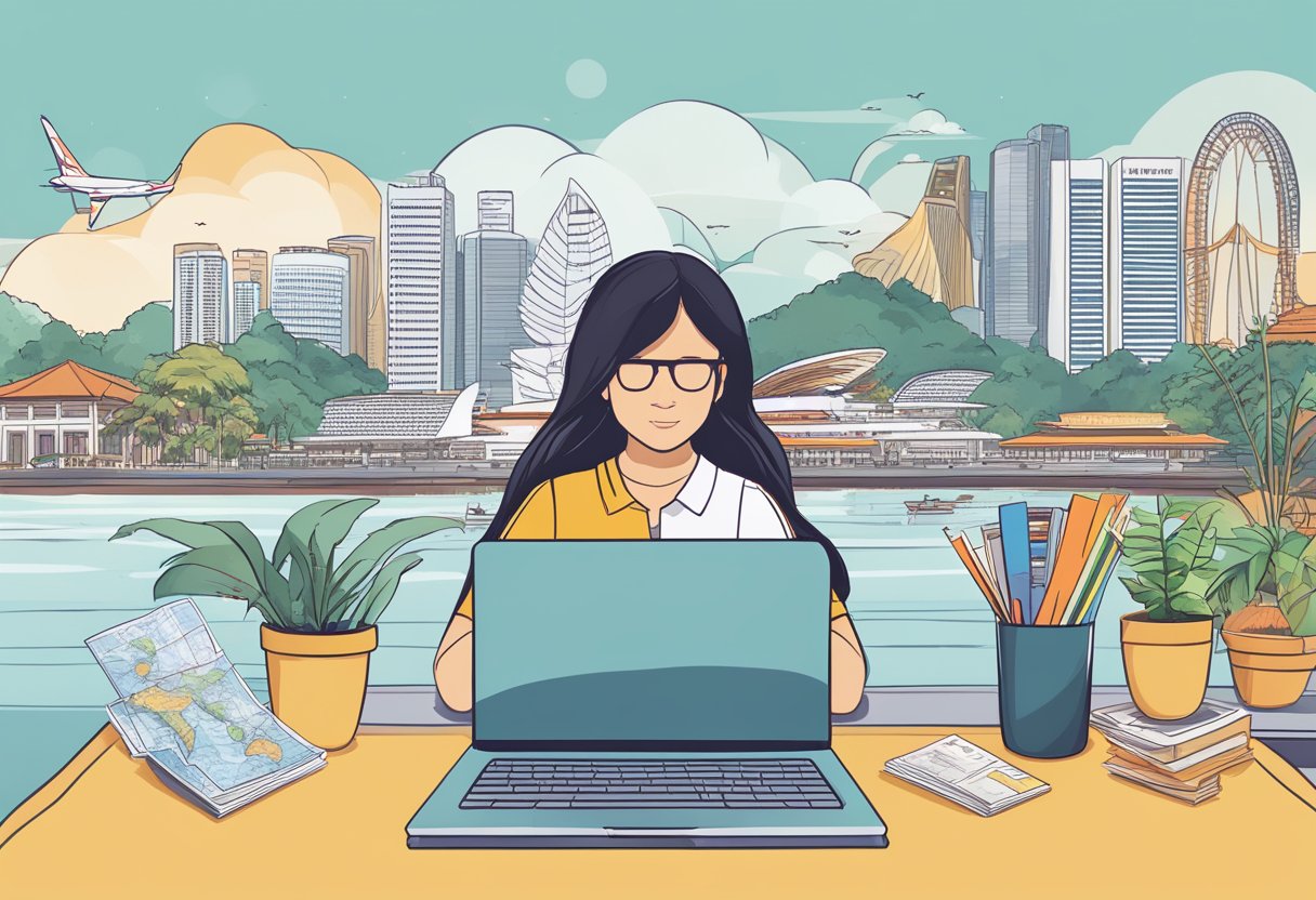 A person researching destinations on a laptop, surrounded by travel guides and a map of Singapore