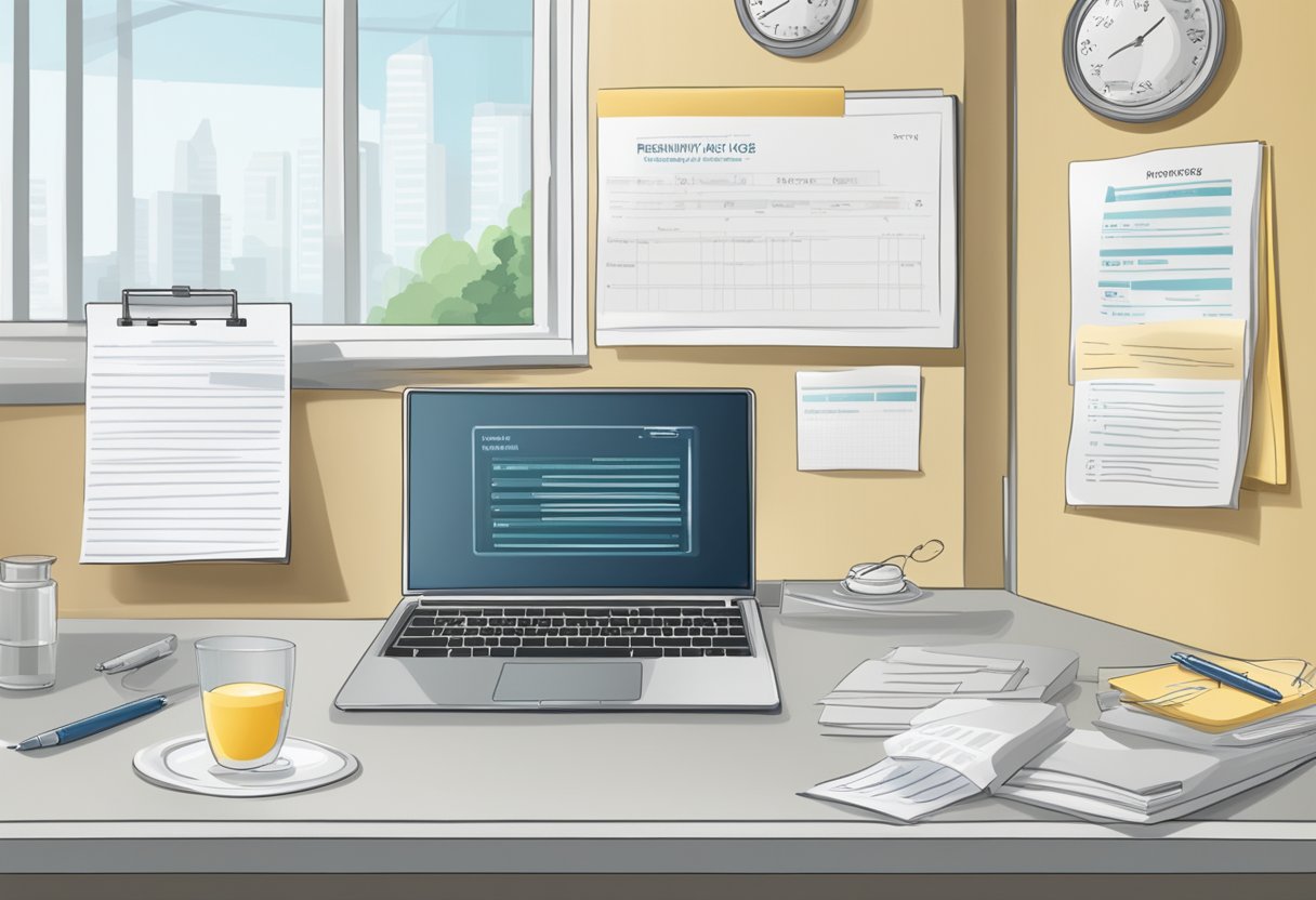 A table with a laptop, pen, and paper. A sign with "Frequently Asked Questions egg freezing singapore" on the wall