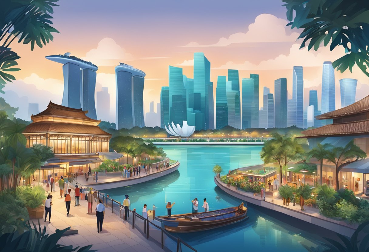 A bustling cityscape with iconic landmarks like the Marina Bay Sands, Gardens by the Bay, and bustling streets filled with diverse cultures and cuisines