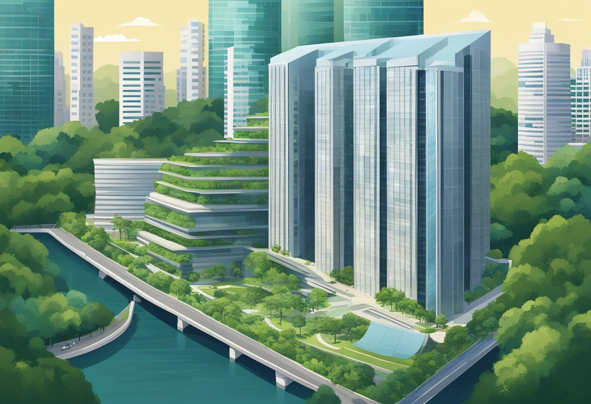 The Monetary Authority of Singapore stands tall, surrounded by modern architecture and lush greenery, exuding a sense of authority and stability