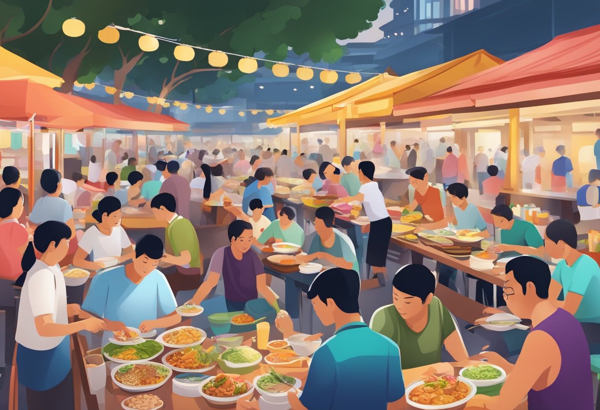 A bustling hawker center in Singapore, with colorful stalls selling a variety of local dishes and people gathered around enjoying their meals