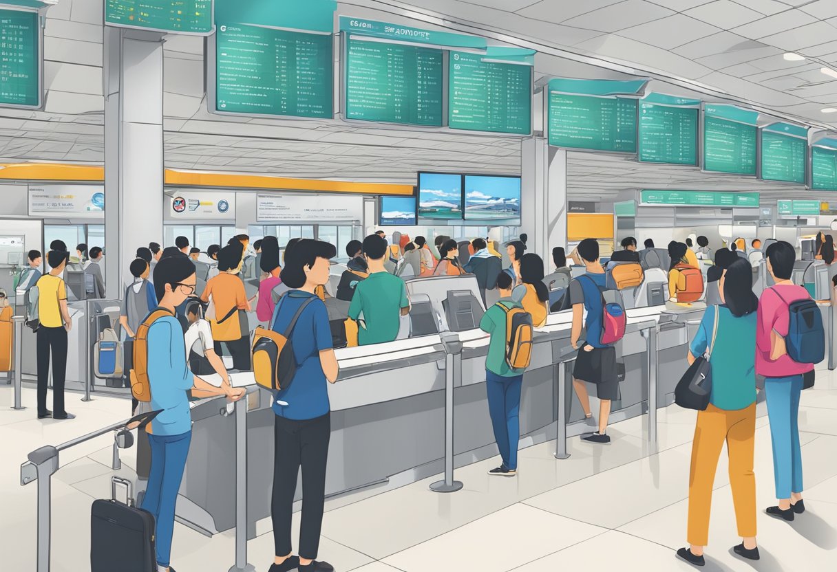 A bustling airport with people lining up at a help desk, signs in multiple languages, and a map of Singapore on a display board
