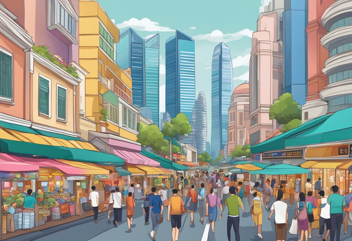 A bustling street in Singapore, with colorful storefronts and bustling crowds. The iconic skyline looms in the background, with the iconic Marina Bay Sands and the Singapore Flyer standing tall
