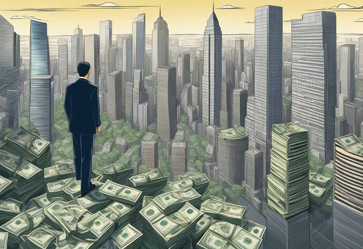 A stern figure overlooks a bustling financial district, with a watchful eye on the flow of money and the implementation of monetary policies