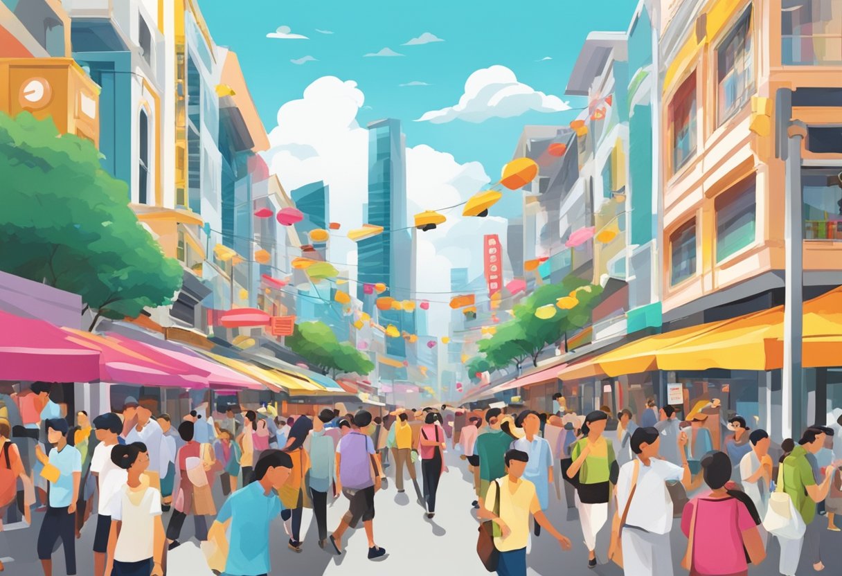 A bustling Singapore street with colorful signs, bustling crowds, and iconic landmarks in the background