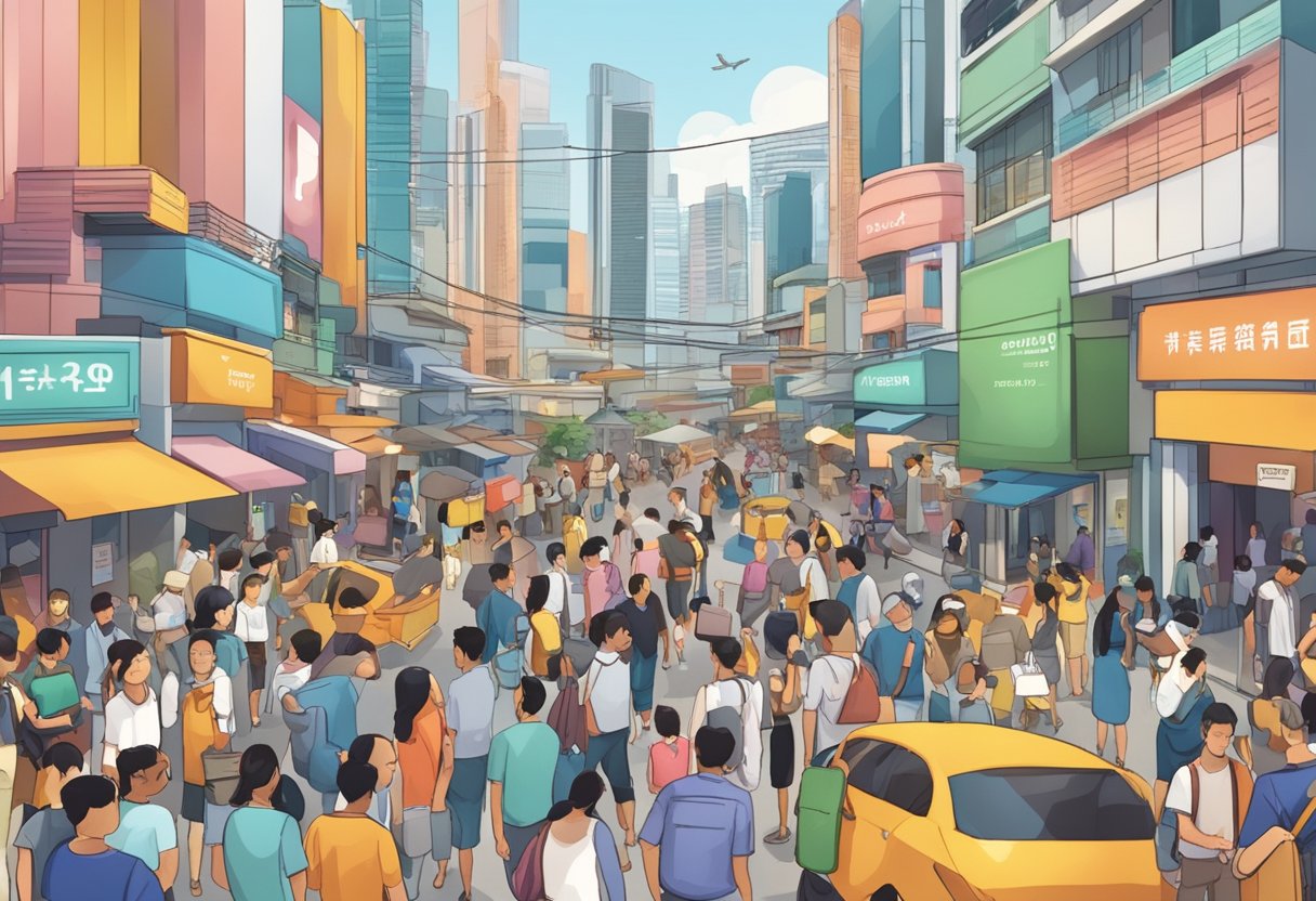 A bustling Singapore street with a prominent sign reading "Frequently Asked Questions" surrounded by a diverse crowd of people