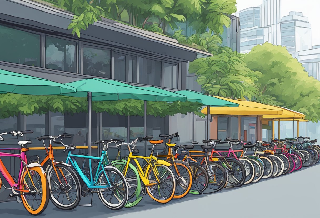 Colorful fixie bikes lined up outside a hip Singaporean cafe, with lush greenery and modern architecture in the background