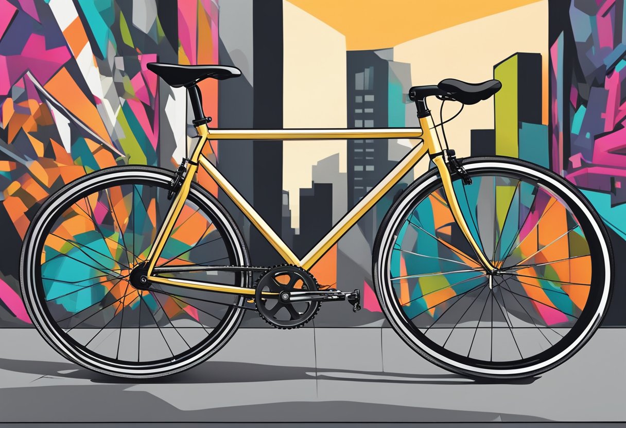 A sleek fixie bike parked against a graffiti-covered wall in urban Singapore. Bright city lights reflect off the bike's metallic frame, showcasing its minimalist design and single-speed gear