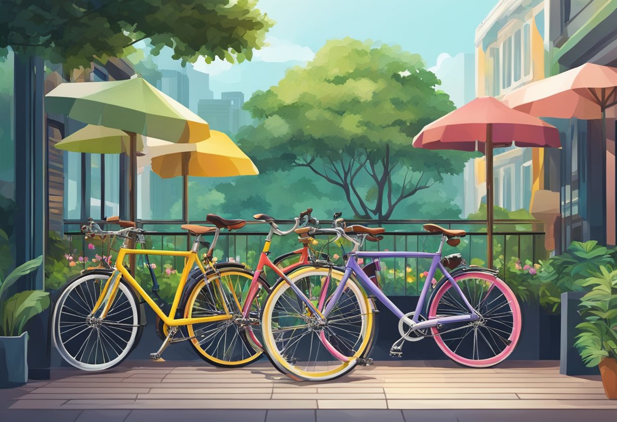 A group of colorful fixie bikes parked outside a trendy cafe in Singapore, with lush greenery in the background