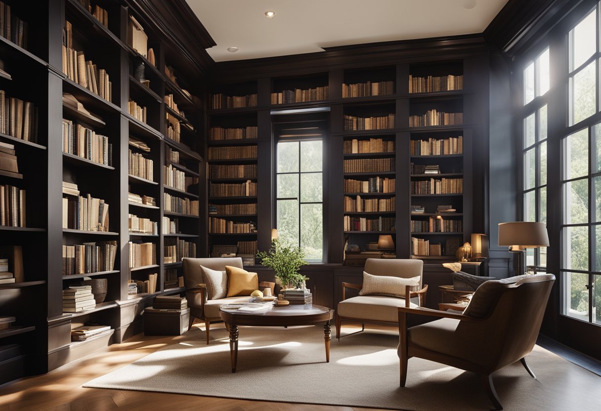 A cozy home library with natural light streaming in through large windows, casting warm, soft shadows on the shelves of books and comfortable reading chairs