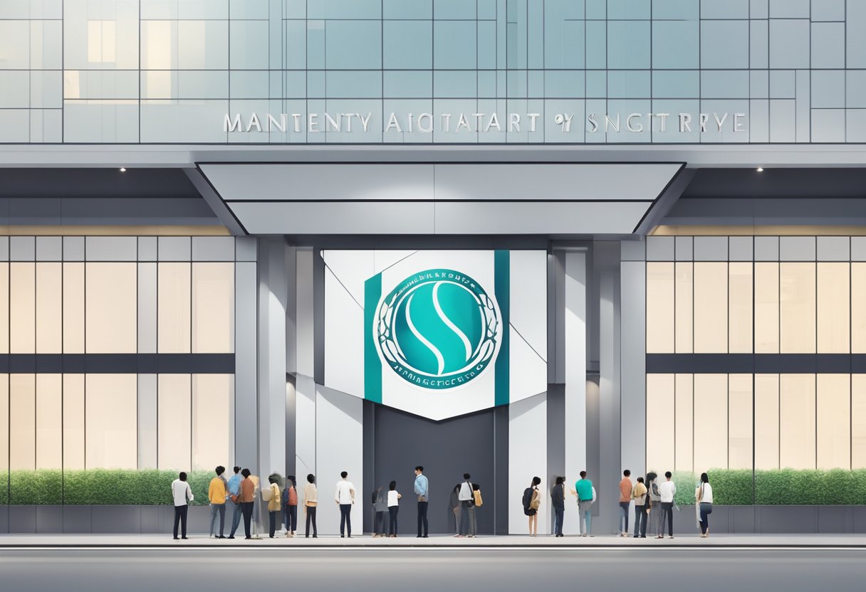 The Monetary Authority of Singapore logo displayed prominently on a sleek, modern building facade. A line of people waiting outside, with a sense of anticipation and curiosity in the air