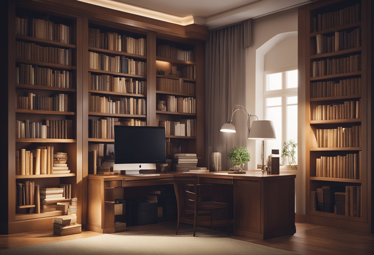 A cozy home library with warm, soft lighting. Bookshelves filled with books, a comfortable reading nook, and a desk with a stylish lamp