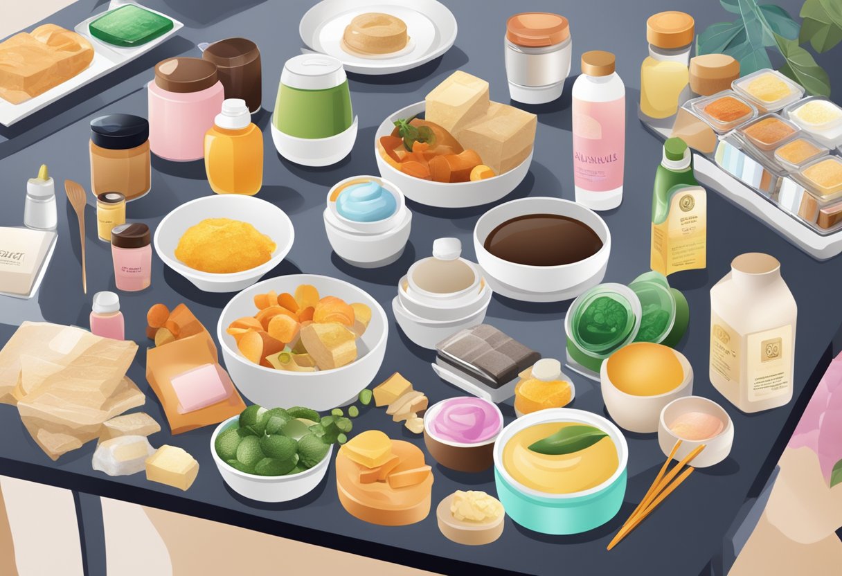 A table filled with various free samples in Singapore. Displayed items include food, beauty products, and promotional items