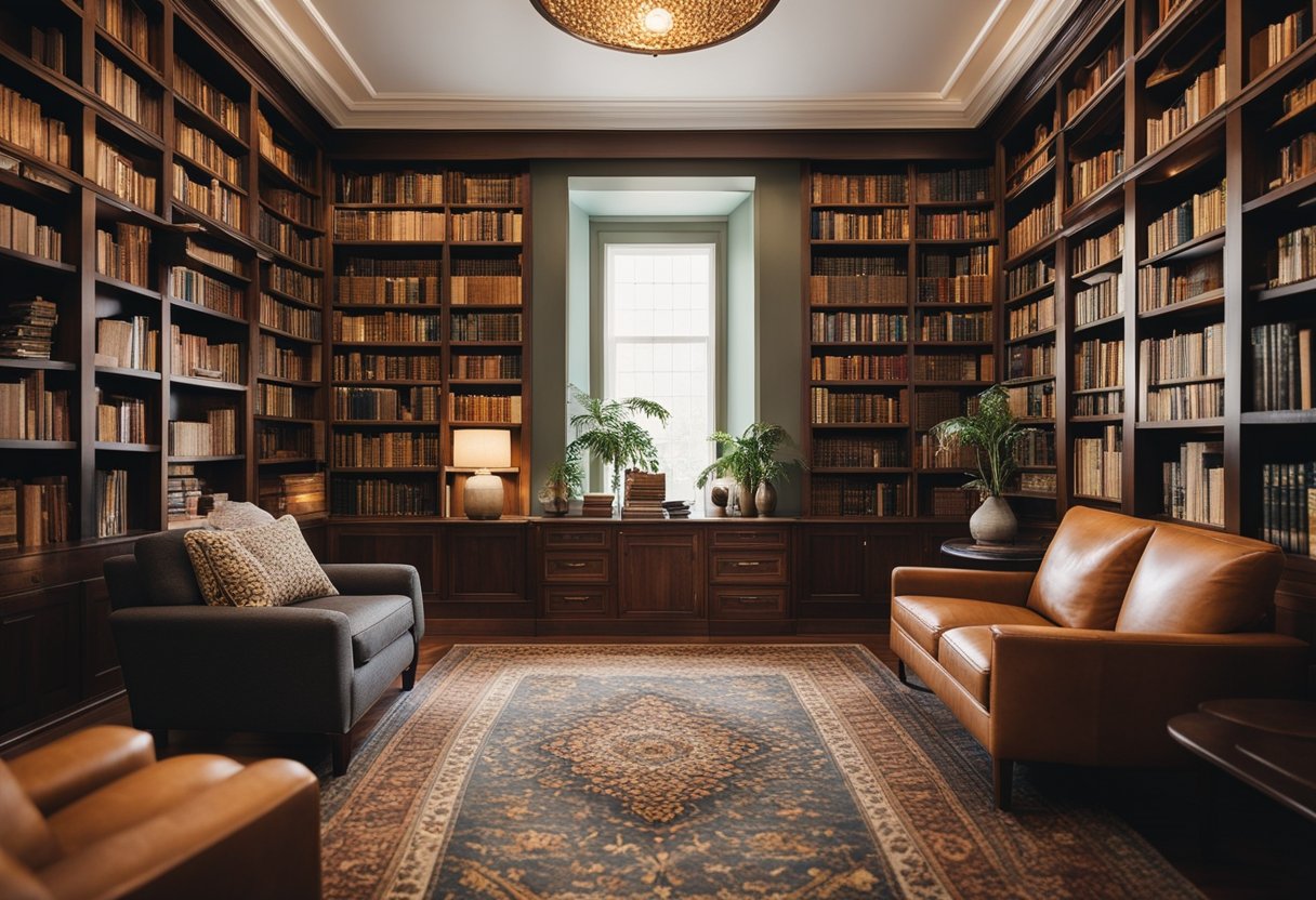 A cozy home library with warm, soft lighting, bookshelves filled with books, comfortable seating, and a decorative rug
