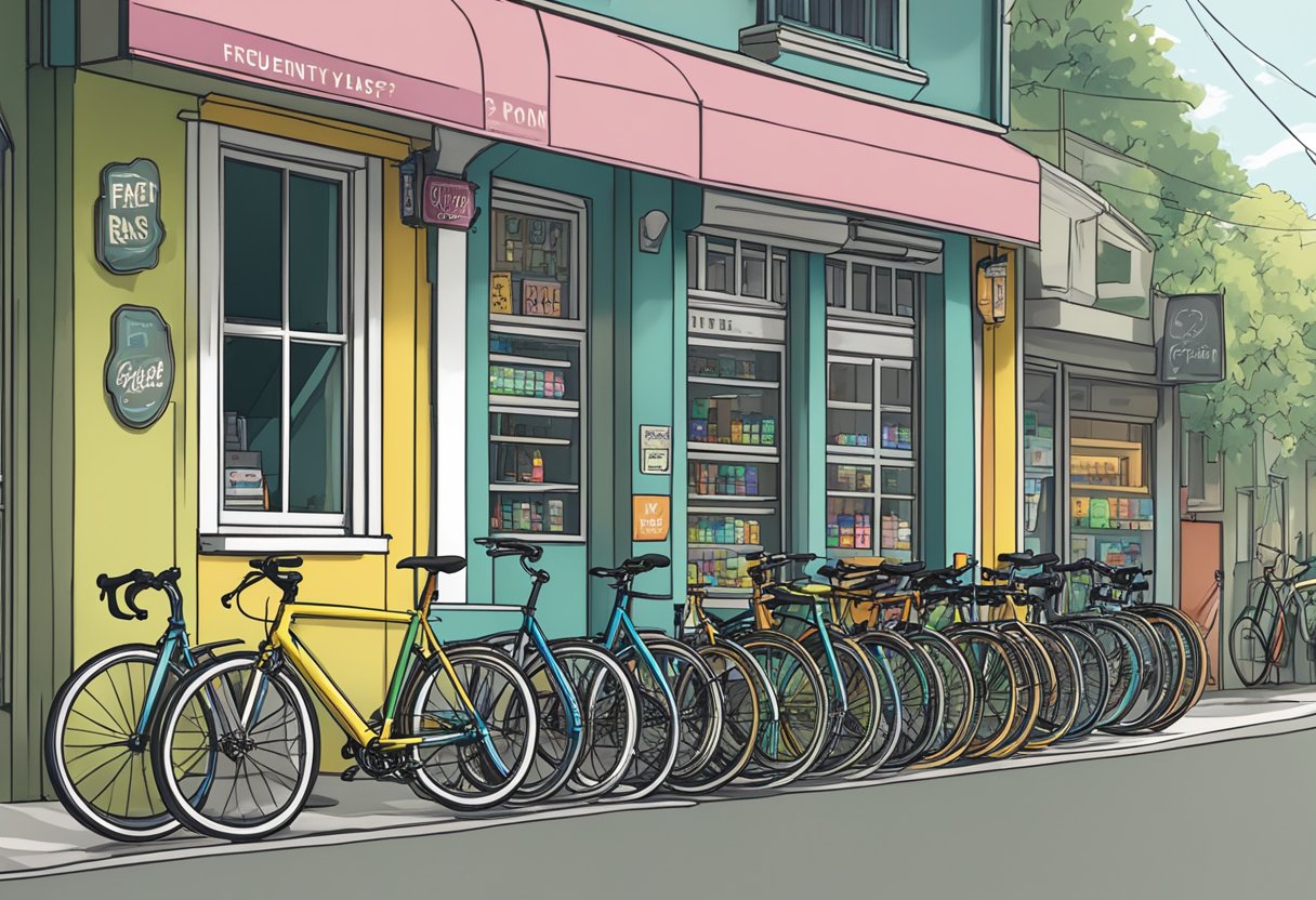 A group of fixie bikes lined up outside a shop in Singapore, with a sign displaying "Frequently Asked Questions" prominently