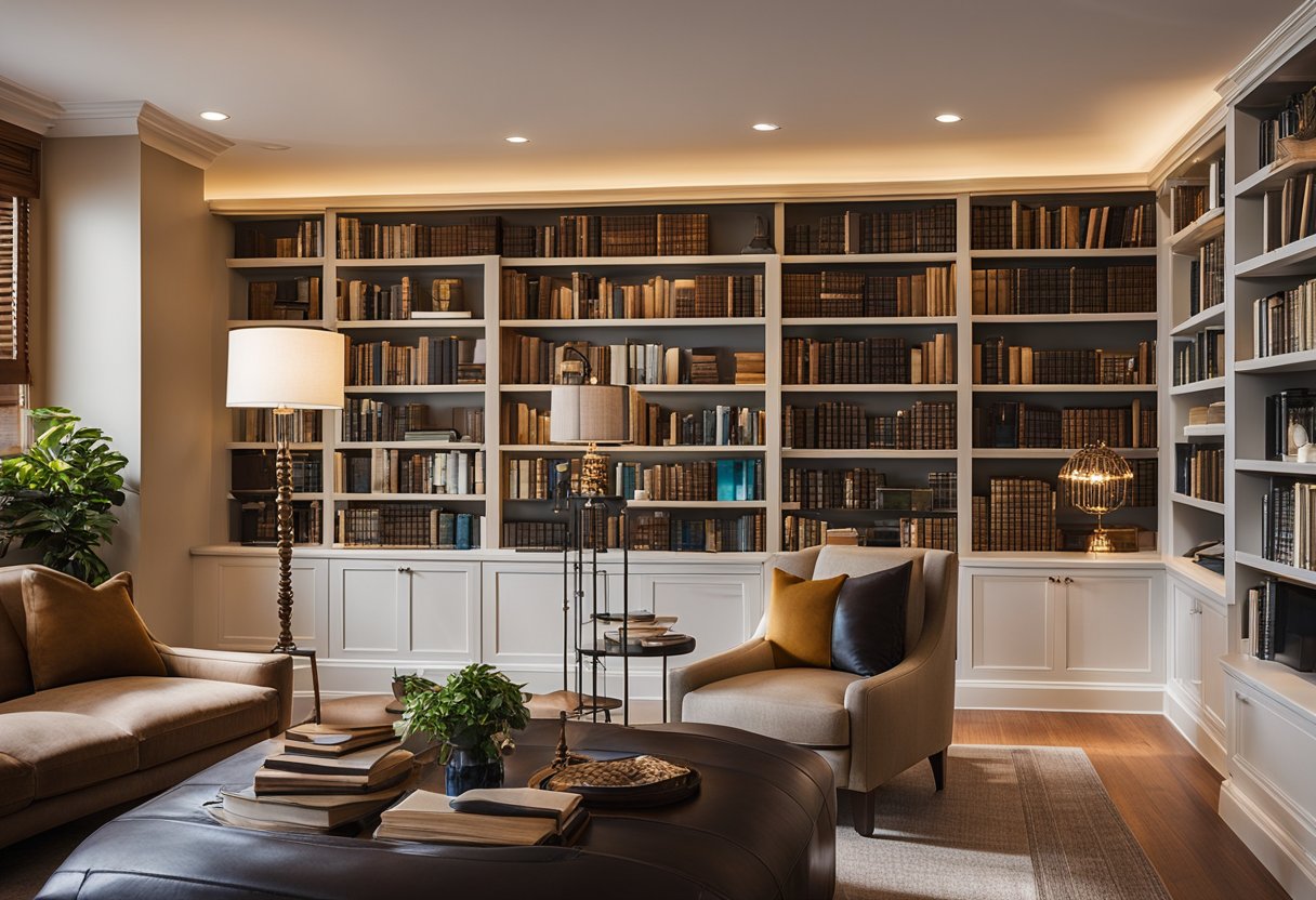 A home library with a mix of pendant, floor, and table lamps casting warm, inviting light on shelves of books and comfortable reading chairs