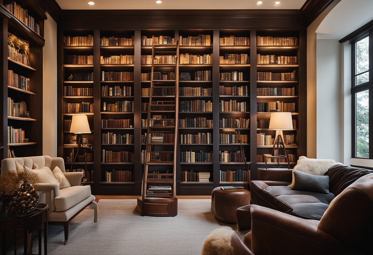 A cozy home library with warm, soft lighting from elegant fixtures. Books line the walls, inviting readers to curl up in comfortable chairs