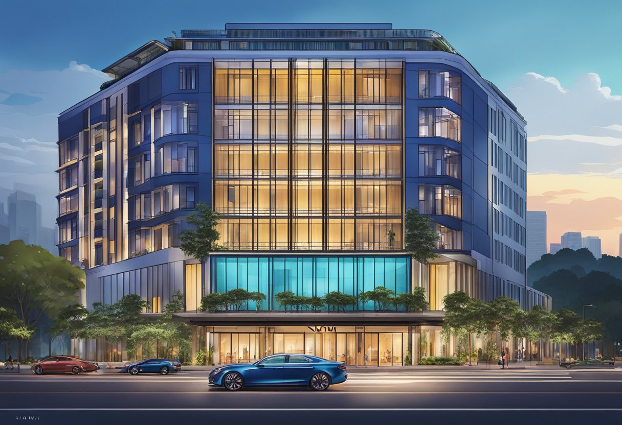 The Naumi Hotel in Singapore boasts a modern, sleek exterior with clean lines and vibrant pops of color. The building stands tall against the city skyline, exuding luxury and sophistication