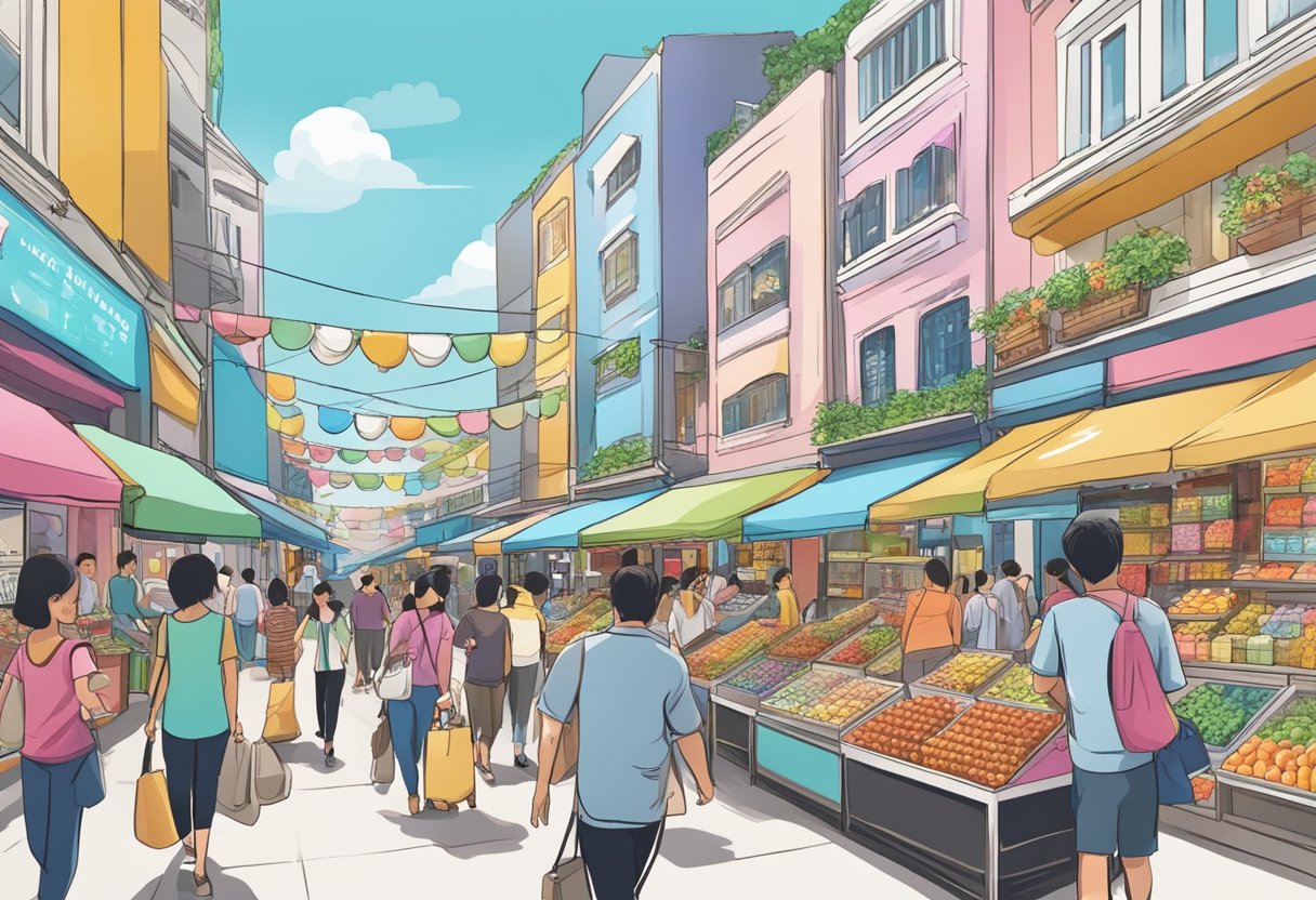 A bustling street in Singapore with colorful displays of free samples outside shops and vendors, attracting passersby