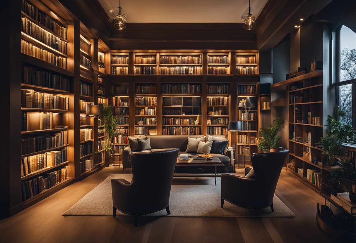 A cozy home library with warm, layered lighting. Soft overhead lights illuminate shelves, while adjustable task lamps provide focused brightness for reading
